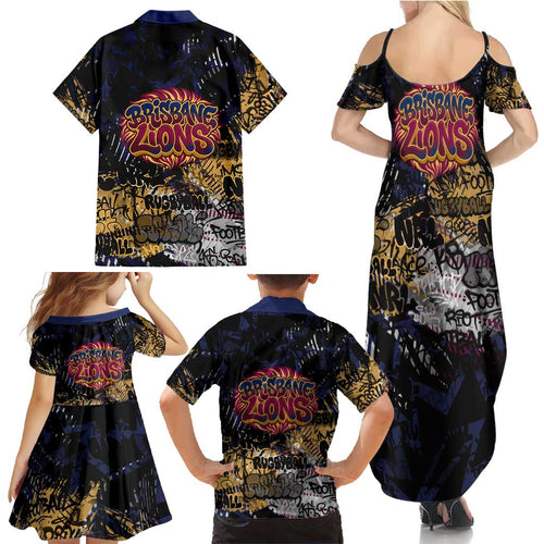 Brisbane Lions Family Matching Summer Maxi Dress and Hawaiian Shirt Urban Graffiti Street Art - Bold Abstract Spray Paint