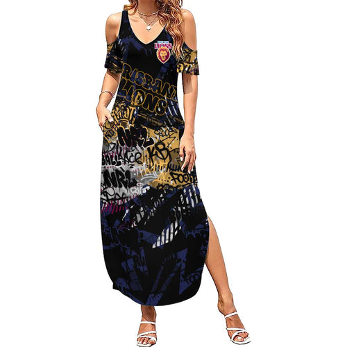 Brisbane Lions Family Matching Summer Maxi Dress and Hawaiian Shirt Urban Graffiti Street Art - Bold Abstract Spray Paint