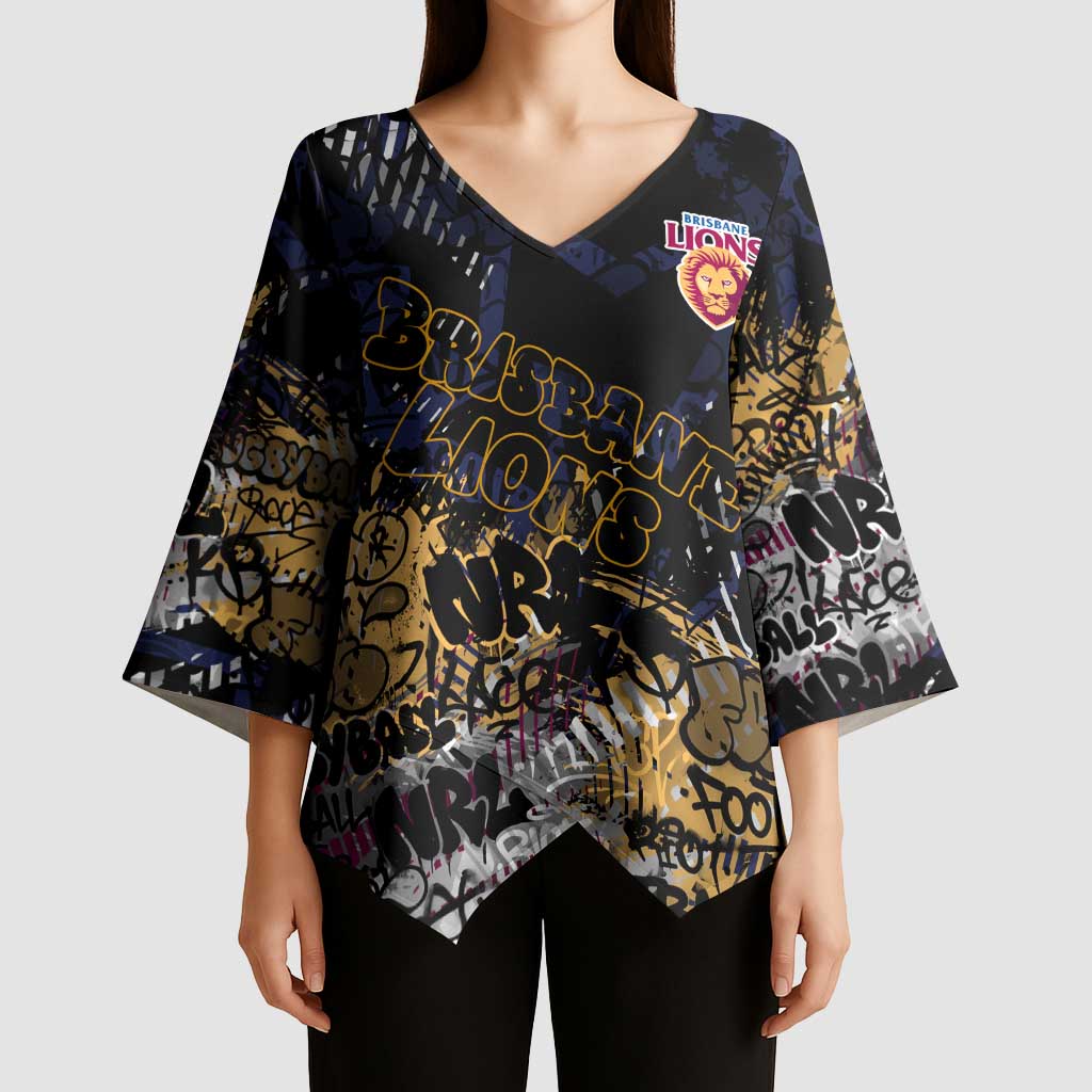 Brisbane Lions Kimono Sleeve Blouse Urban Graffiti Street Art - Bold Abstract Spray Paint