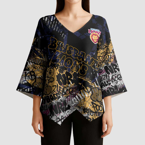 Brisbane Lions Kimono Sleeve Blouse Urban Graffiti Street Art - Bold Abstract Spray Paint