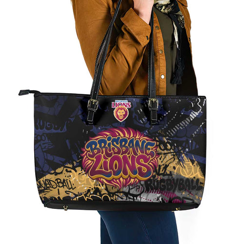 Brisbane Lions Leather Tote Bag Urban Graffiti Street Art - Bold Abstract Spray Paint
