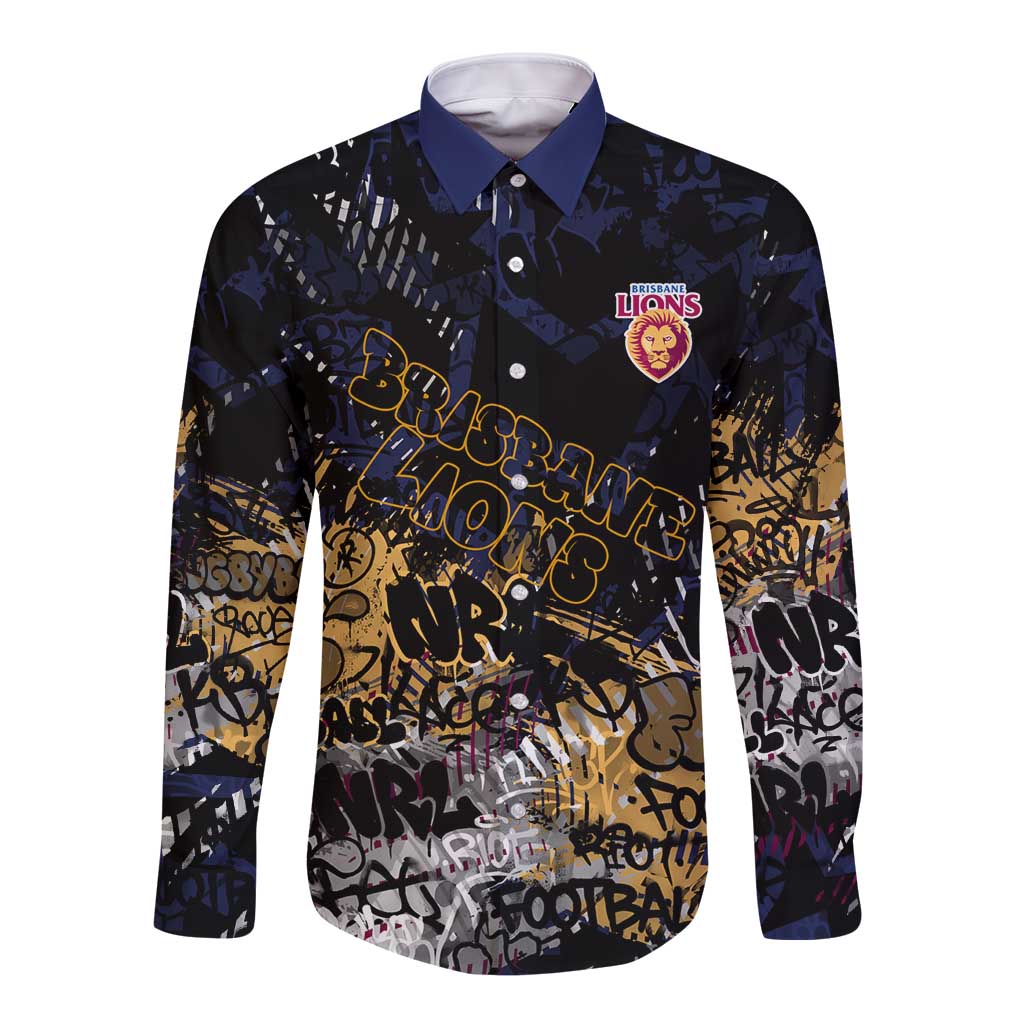 Brisbane Lions Long Sleeve Button Shirt Urban Graffiti Street Art - Bold Abstract Spray Paint