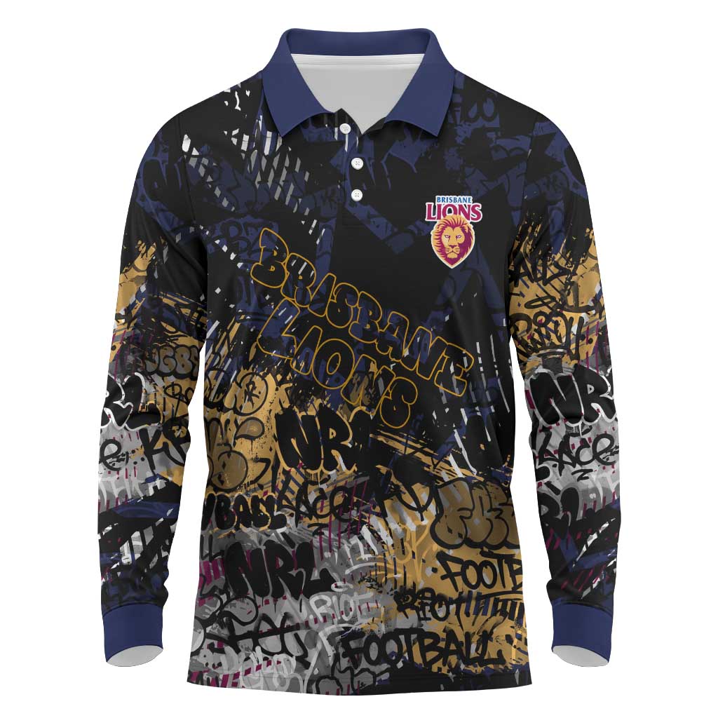 Brisbane Lions Long Sleeve Polo Shirt Urban Graffiti Street Art - Bold Abstract Spray Paint
