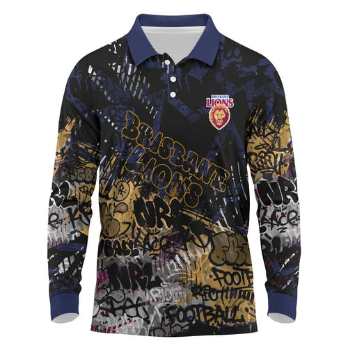 Brisbane Lions Long Sleeve Polo Shirt Urban Graffiti Street Art - Bold Abstract Spray Paint