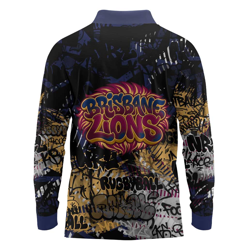 Brisbane Lions Long Sleeve Polo Shirt Urban Graffiti Street Art - Bold Abstract Spray Paint