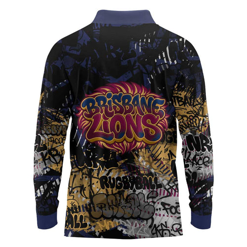 Brisbane Lions Long Sleeve Polo Shirt Urban Graffiti Street Art - Bold Abstract Spray Paint