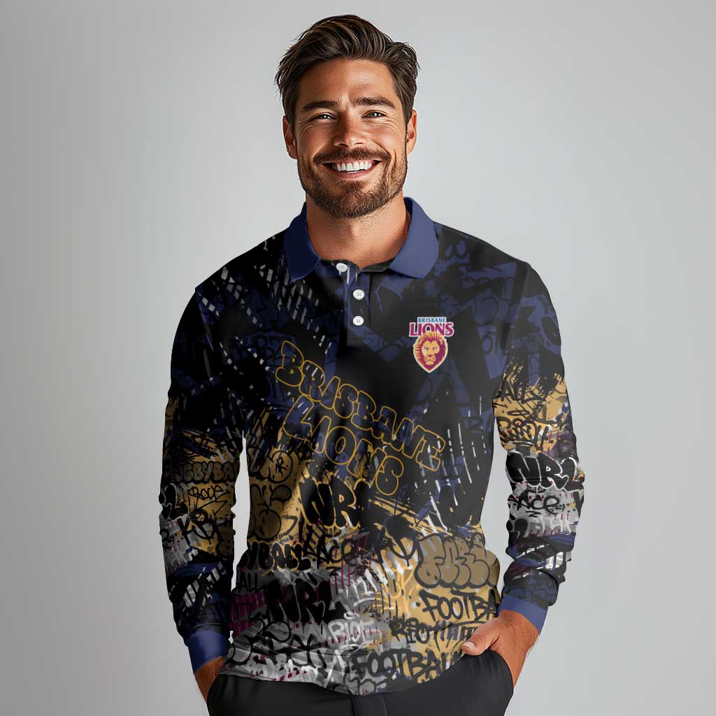 Brisbane Lions Long Sleeve Polo Shirt Urban Graffiti Street Art - Bold Abstract Spray Paint