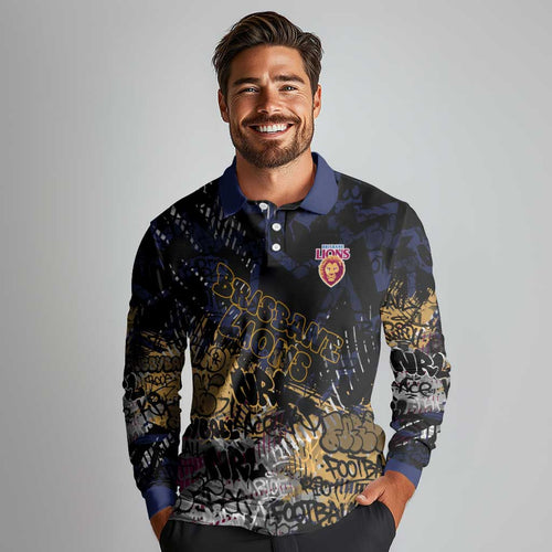 Brisbane Lions Long Sleeve Polo Shirt Urban Graffiti Street Art - Bold Abstract Spray Paint