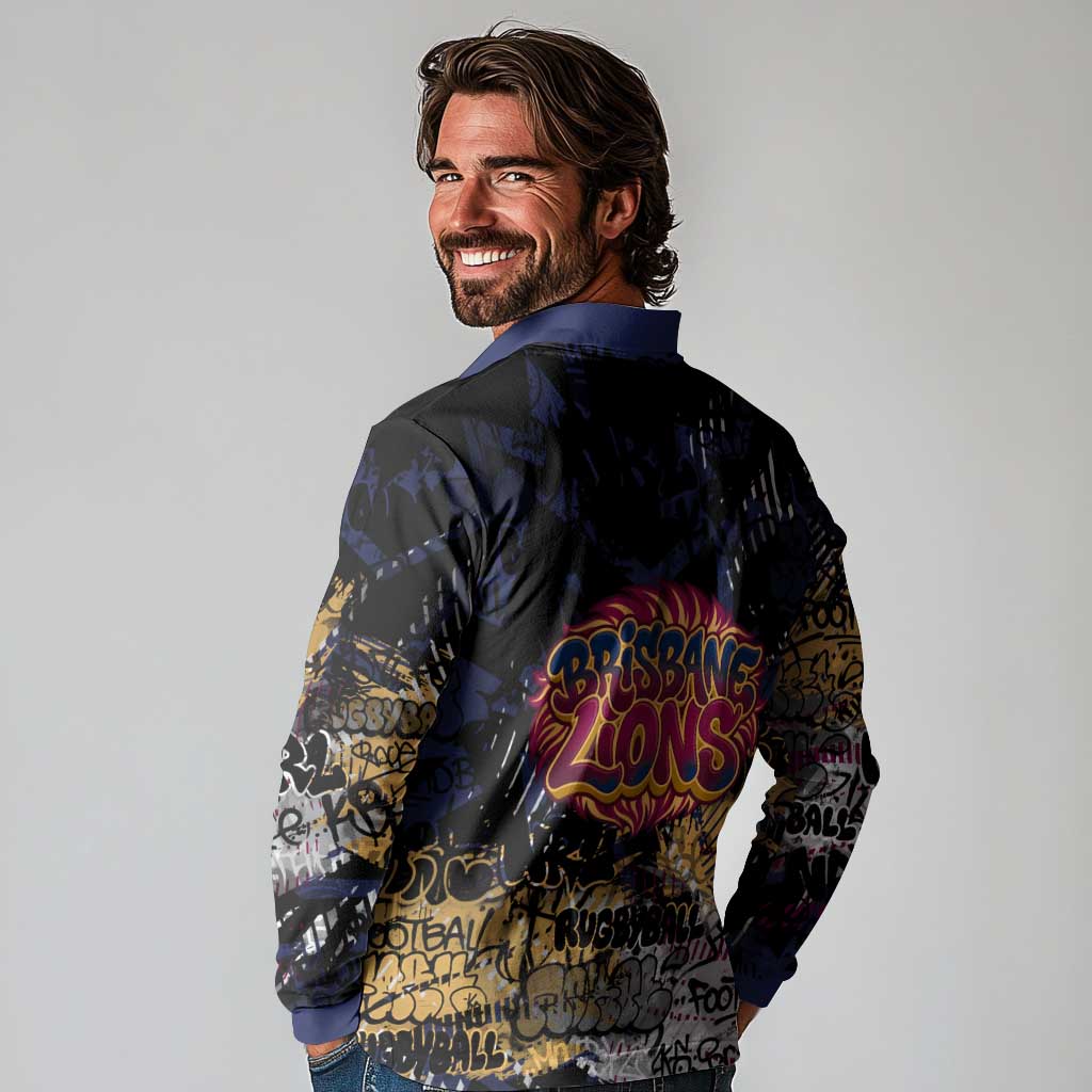 Brisbane Lions Long Sleeve Polo Shirt Urban Graffiti Street Art - Bold Abstract Spray Paint