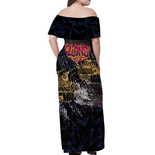 Brisbane Lions Off Shoulder Maxi Dress Urban Graffiti Street Art - Bold Abstract Spray Paint