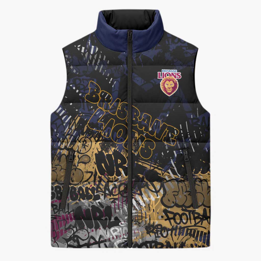 Brisbane Lions Sleeveless Puffer Jacket Urban Graffiti Street Art - Bold Abstract Spray Paint