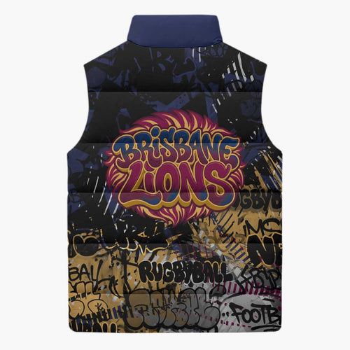 Brisbane Lions Sleeveless Puffer Jacket Urban Graffiti Street Art - Bold Abstract Spray Paint