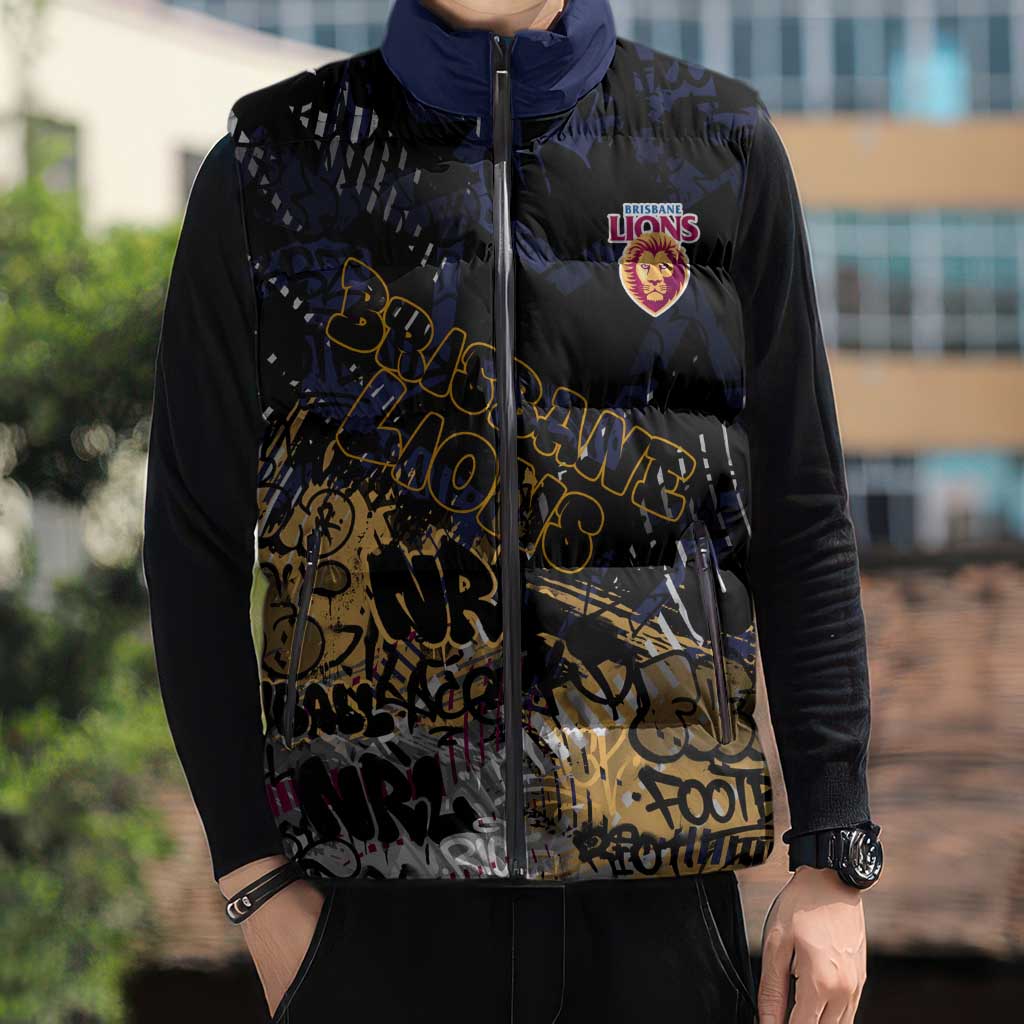 Brisbane Lions Sleeveless Puffer Jacket Urban Graffiti Street Art - Bold Abstract Spray Paint