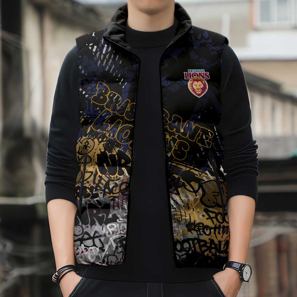 Brisbane Lions Sleeveless Puffer Jacket Urban Graffiti Street Art - Bold Abstract Spray Paint