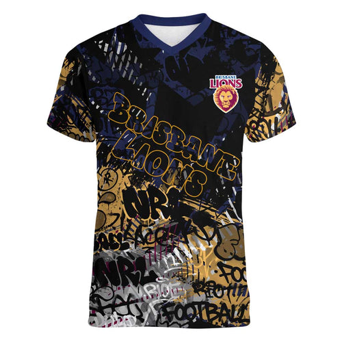 Brisbane Lions Women V-Neck T-Shirt Urban Graffiti Street Art - Bold Abstract Spray Paint