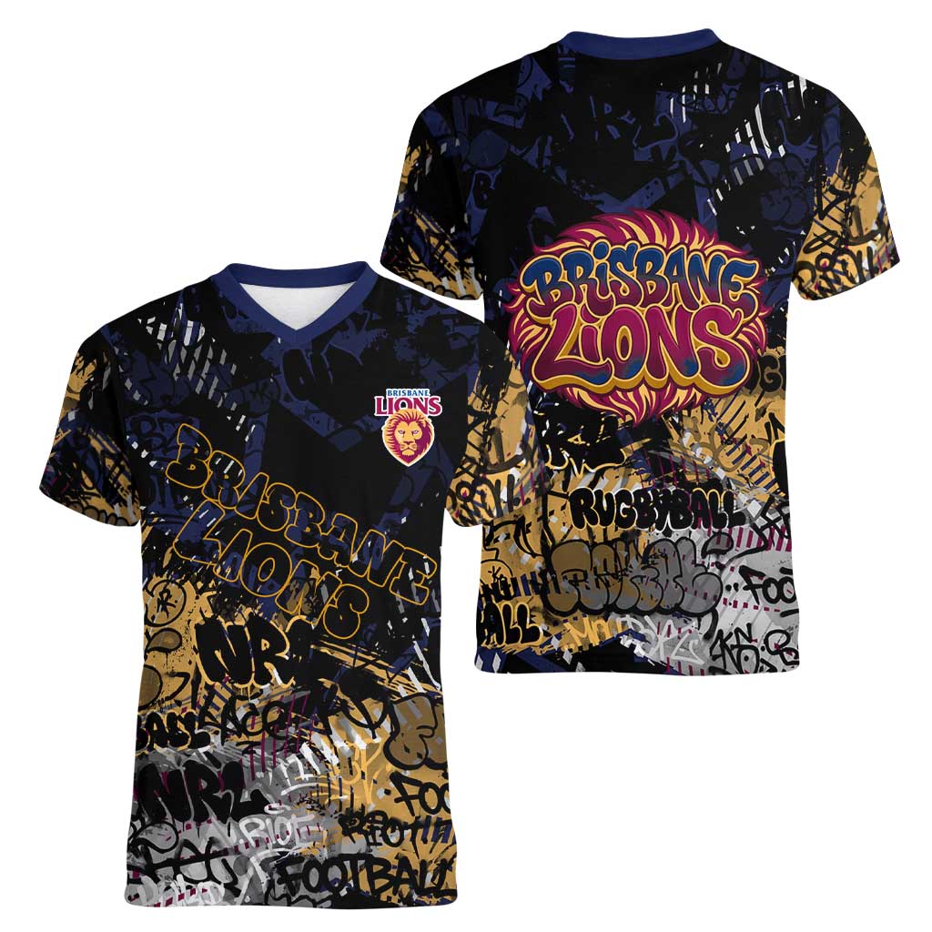 Brisbane Lions Women V-Neck T-Shirt Urban Graffiti Street Art - Bold Abstract Spray Paint
