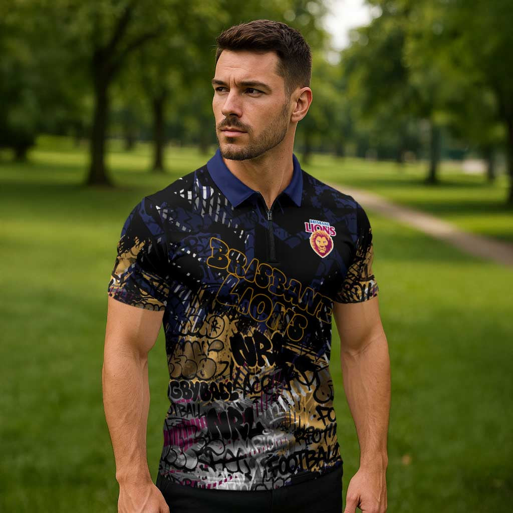 Brisbane Lions Zipper Polo Shirt Urban Graffiti Street Art - Bold Abstract Spray Paint