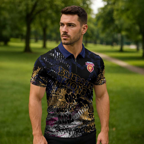 Brisbane Lions Zipper Polo Shirt Urban Graffiti Street Art - Bold Abstract Spray Paint