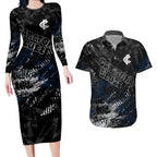 Carlton Blues Couples Matching Long Sleeve Bodycon Dress and Hawaiian Shirt Urban Graffiti Street Art - Bold Abstract Spray Paint