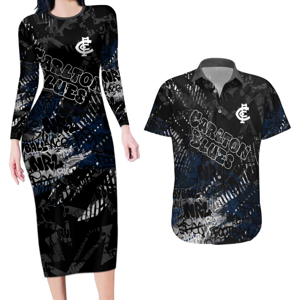 Carlton Blues Couples Matching Long Sleeve Bodycon Dress and Hawaiian Shirt Urban Graffiti Street Art - Bold Abstract Spray Paint