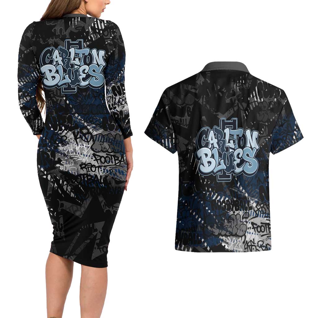 Carlton Blues Couples Matching Long Sleeve Bodycon Dress and Hawaiian Shirt Urban Graffiti Street Art - Bold Abstract Spray Paint