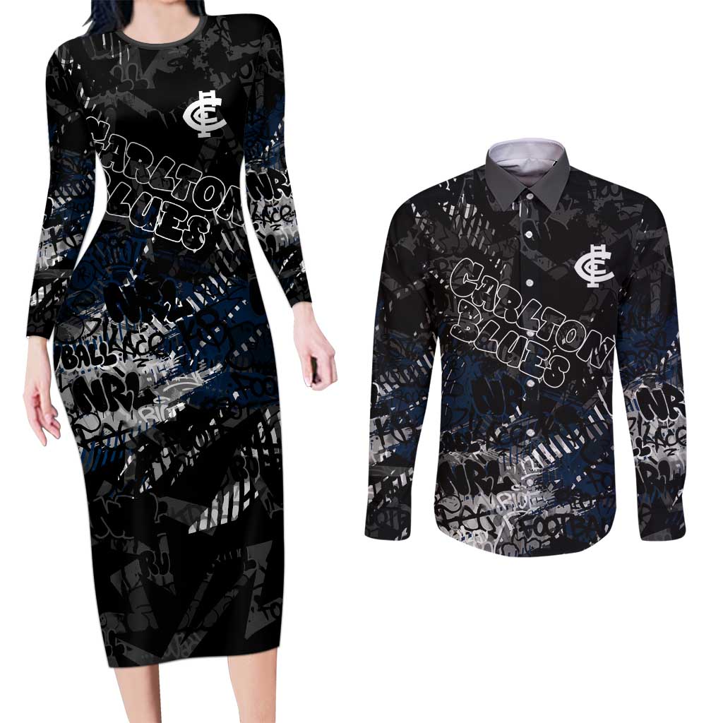 Carlton Blues Couples Matching Long Sleeve Bodycon Dress and Long Sleeve Button Shirt Urban Graffiti Street Art - Bold Abstract Spray Paint
