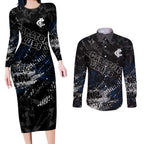Carlton Blues Couples Matching Long Sleeve Bodycon Dress and Long Sleeve Button Shirt Urban Graffiti Street Art - Bold Abstract Spray Paint