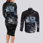 Carlton Blues Couples Matching Long Sleeve Bodycon Dress and Long Sleeve Button Shirt Urban Graffiti Street Art - Bold Abstract Spray Paint
