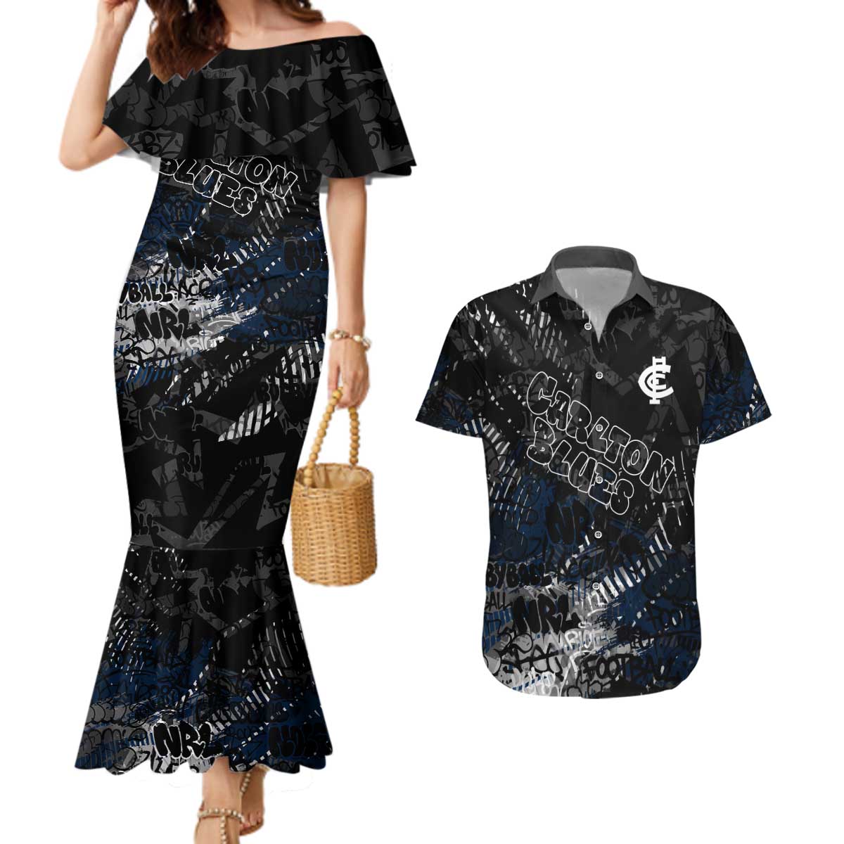 Carlton Blues Couples Matching Mermaid Dress and Hawaiian Shirt Urban Graffiti Street Art - Bold Abstract Spray Paint