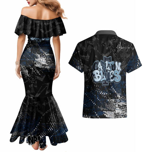 Carlton Blues Couples Matching Mermaid Dress and Hawaiian Shirt Urban Graffiti Street Art - Bold Abstract Spray Paint