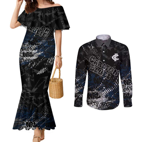 Carlton Blues Couples Matching Mermaid Dress and Long Sleeve Button Shirt Urban Graffiti Street Art - Bold Abstract Spray Paint