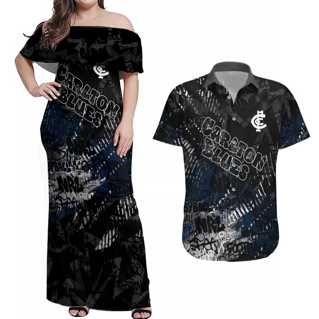 Carlton Blues Couples Matching Off Shoulder Maxi Dress and Hawaiian Shirt Urban Graffiti Street Art - Bold Abstract Spray Paint