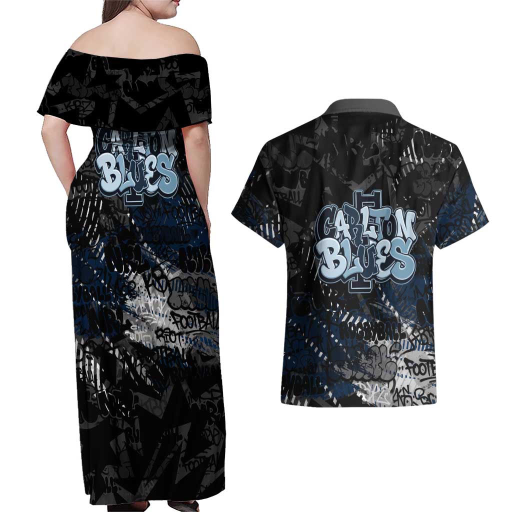 Carlton Blues Couples Matching Off Shoulder Maxi Dress and Hawaiian Shirt Urban Graffiti Street Art - Bold Abstract Spray Paint