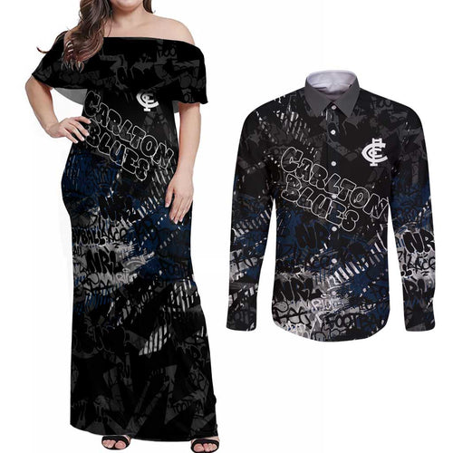 Carlton Blues Couples Matching Off Shoulder Maxi Dress and Long Sleeve Button Shirt Urban Graffiti Street Art - Bold Abstract Spray Paint