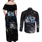 Carlton Blues Couples Matching Off Shoulder Maxi Dress and Long Sleeve Button Shirt Urban Graffiti Street Art - Bold Abstract Spray Paint