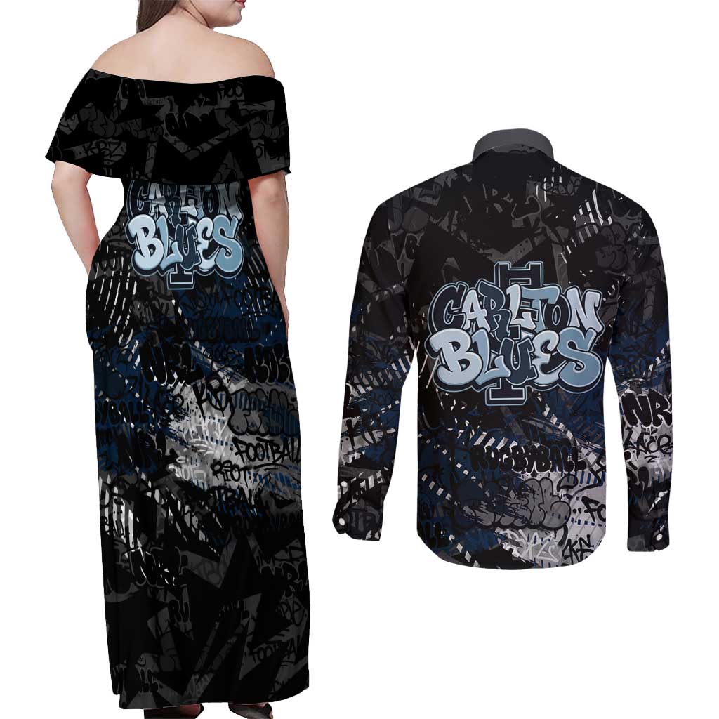 Carlton Blues Couples Matching Off Shoulder Maxi Dress and Long Sleeve Button Shirt Urban Graffiti Street Art - Bold Abstract Spray Paint