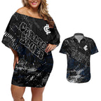 Carlton Blues Couples Matching Off Shoulder Short Dress and Hawaiian Shirt Urban Graffiti Street Art - Bold Abstract Spray Paint
