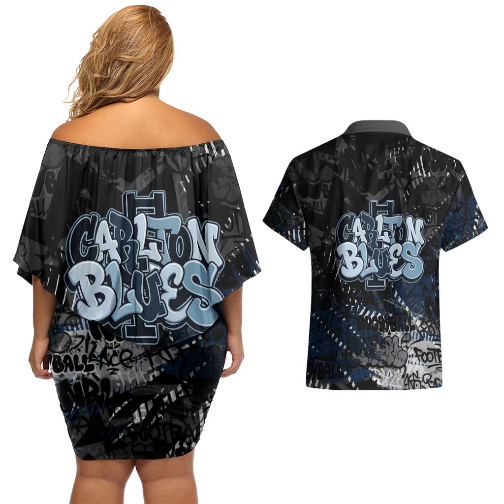 Carlton Blues Couples Matching Off Shoulder Short Dress and Hawaiian Shirt Urban Graffiti Street Art - Bold Abstract Spray Paint