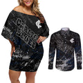 Carlton Blues Couples Matching Off Shoulder Short Dress and Long Sleeve Button Shirt Urban Graffiti Street Art - Bold Abstract Spray Paint