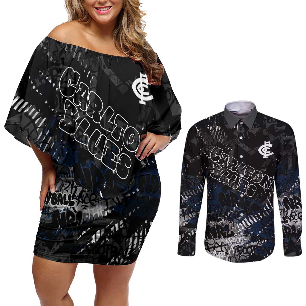 Carlton Blues Couples Matching Off Shoulder Short Dress and Long Sleeve Button Shirt Urban Graffiti Street Art - Bold Abstract Spray Paint