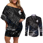 Carlton Blues Couples Matching Off Shoulder Short Dress and Long Sleeve Button Shirt Urban Graffiti Street Art - Bold Abstract Spray Paint