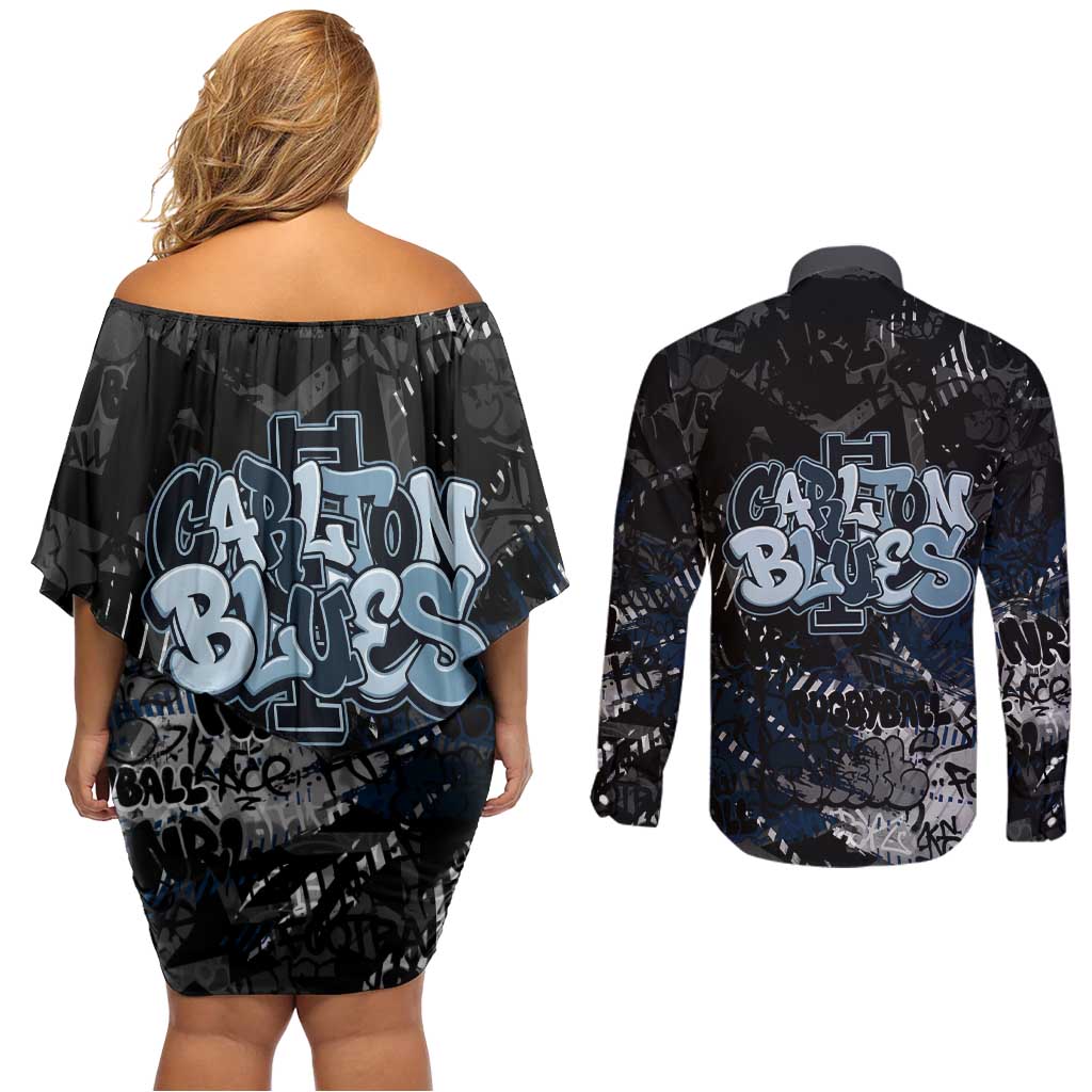 Carlton Blues Couples Matching Off Shoulder Short Dress and Long Sleeve Button Shirt Urban Graffiti Street Art - Bold Abstract Spray Paint