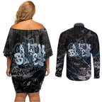 Carlton Blues Couples Matching Off Shoulder Short Dress and Long Sleeve Button Shirt Urban Graffiti Street Art - Bold Abstract Spray Paint
