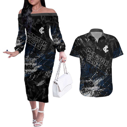 Carlton Blues Couples Matching Off The Shoulder Long Sleeve Dress and Hawaiian Shirt Urban Graffiti Street Art - Bold Abstract Spray Paint