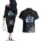Carlton Blues Couples Matching Off The Shoulder Long Sleeve Dress and Hawaiian Shirt Urban Graffiti Street Art - Bold Abstract Spray Paint