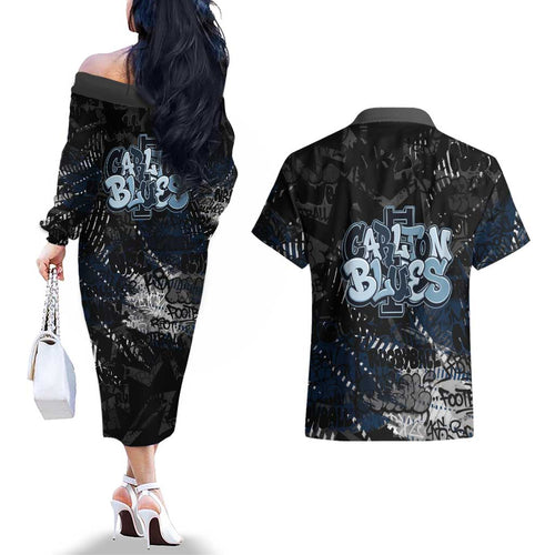 Carlton Blues Couples Matching Off The Shoulder Long Sleeve Dress and Hawaiian Shirt Urban Graffiti Street Art - Bold Abstract Spray Paint