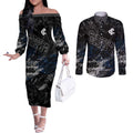 Carlton Blues Couples Matching Off The Shoulder Long Sleeve Dress and Long Sleeve Button Shirt Urban Graffiti Street Art - Bold Abstract Spray Paint