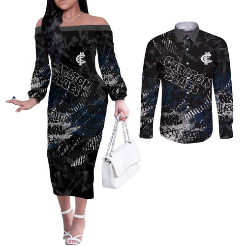 Carlton Blues Couples Matching Off The Shoulder Long Sleeve Dress and Long Sleeve Button Shirt Urban Graffiti Street Art - Bold Abstract Spray Paint