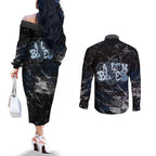 Carlton Blues Couples Matching Off The Shoulder Long Sleeve Dress and Long Sleeve Button Shirt Urban Graffiti Street Art - Bold Abstract Spray Paint