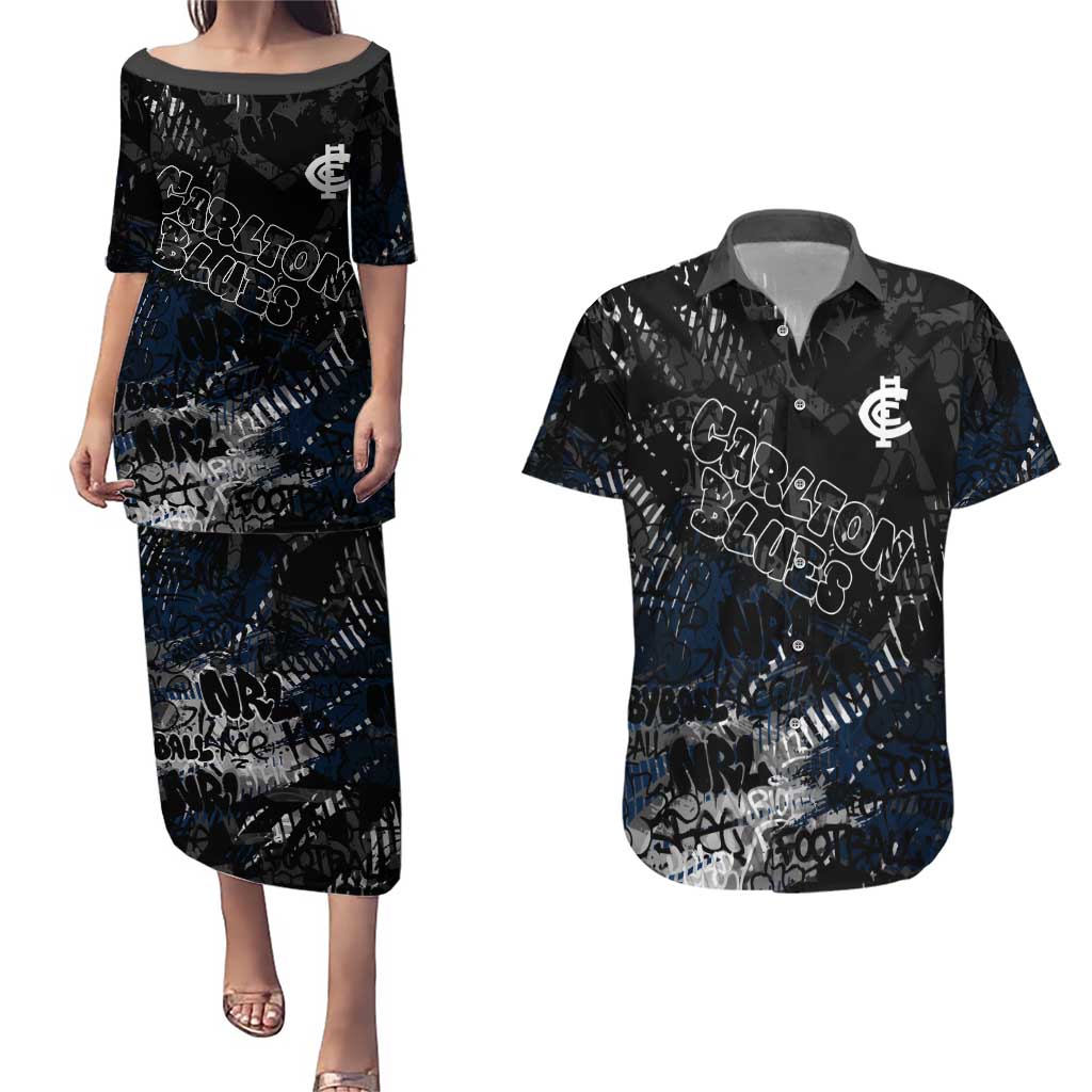 Carlton Blues Couples Matching Puletasi and Hawaiian Shirt Urban Graffiti Street Art - Bold Abstract Spray Paint